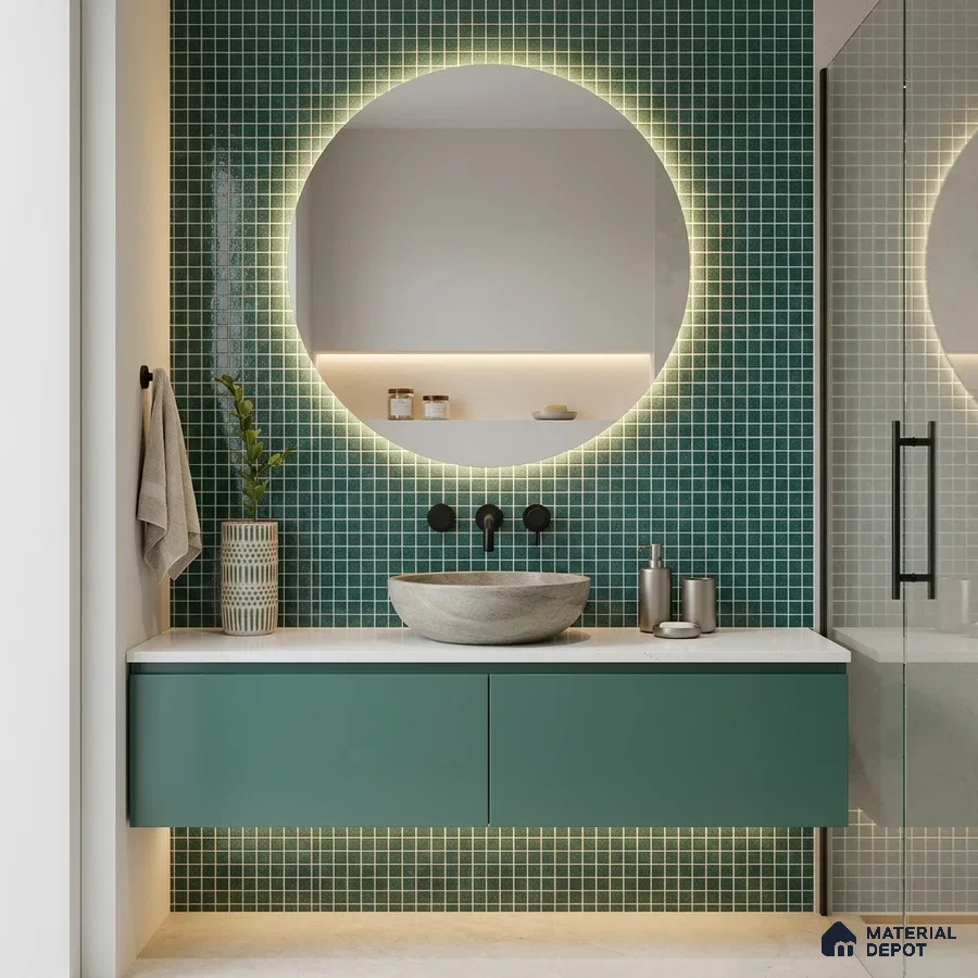 Modern Bathroom with Emerald Green Glass Mosaic Tile and Round Backlit Mirror