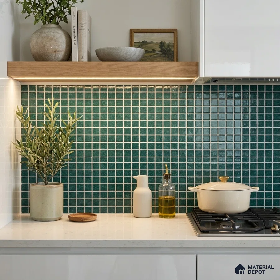 Modern Kitchen with Emerald Green Glass Mosaic Backsplash Tile