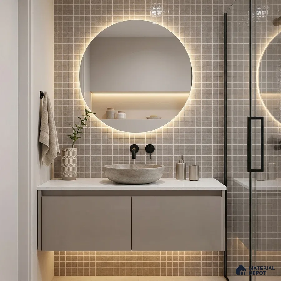 Modern Bathroom with Warm Greige Glass Mosaic Tile and Round Backlit Mirror