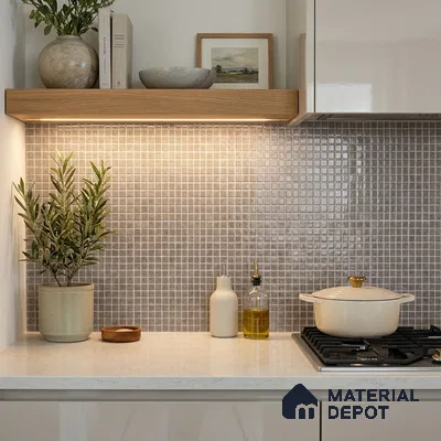 Modern Kitchen with Warm Greige Glass Mosaic Backsplash Tile