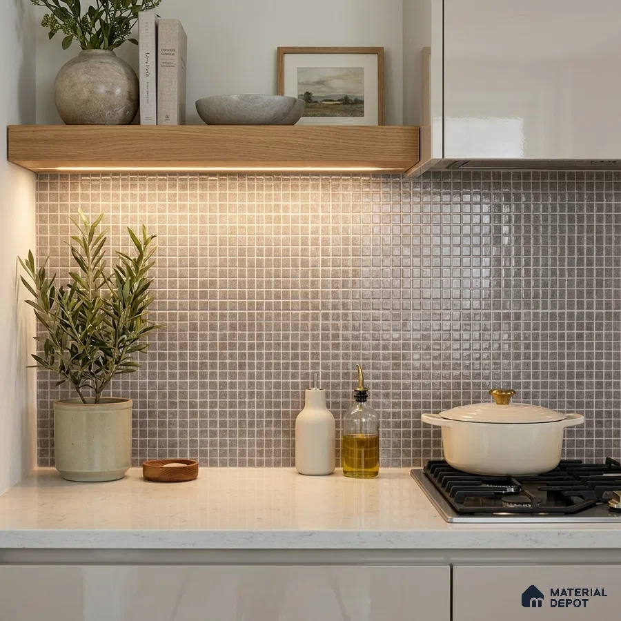 Modern Kitchen with Warm Greige Glass Mosaic Backsplash Tile