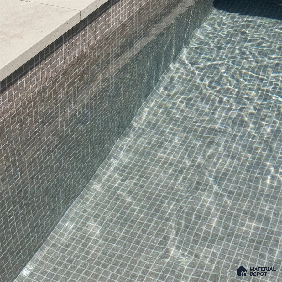 Modern Swimming Pool with Grey Green Glass Mosaic Tile and Stone Coping