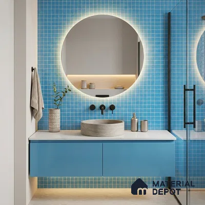 Modern Bathroom with Sky Blue Glass Mosaic Tile and Round Backlit Mirror