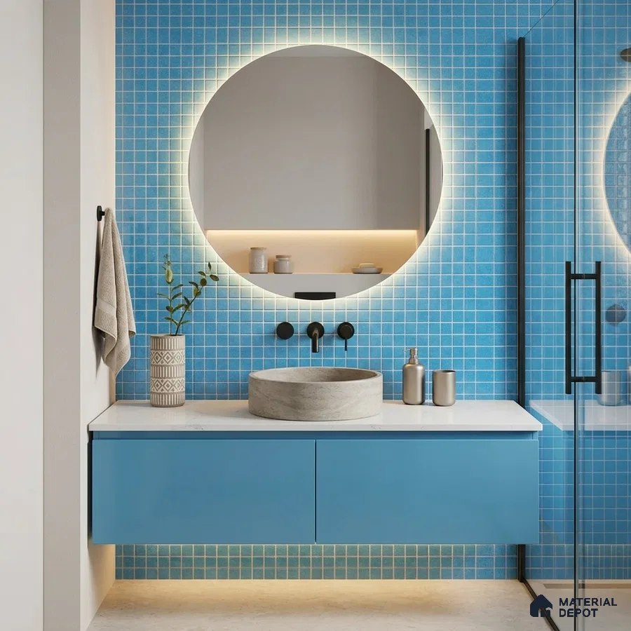 Modern Bathroom with Sky Blue Glass Mosaic Tile and Round Backlit Mirror