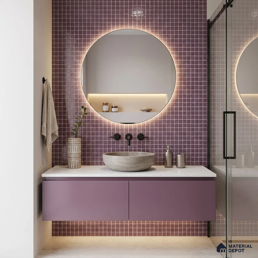 Modern Bathroom with Dusty Mauve Glass Mosaic Tile and Round Backlit Mirror
