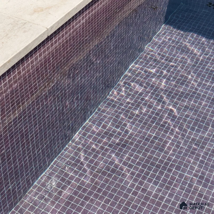 Modern Swimming Pool with Plum Mauve Glass Mosaic Tile and Stone Coping