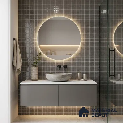 Modern Bathroom with Charcoal Grey Glass Mosaic Tile and Round Backlit Mirror