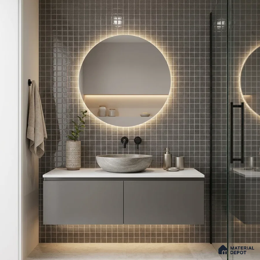 Modern Bathroom with Charcoal Grey Glass Mosaic Tile and Round Backlit Mirror