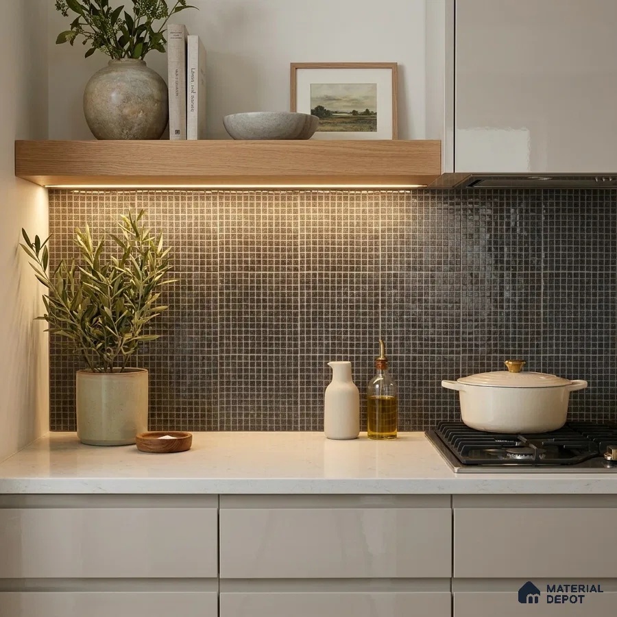 Modern Kitchen with Bronze Grey Glass Mosaic Backsplash Tile