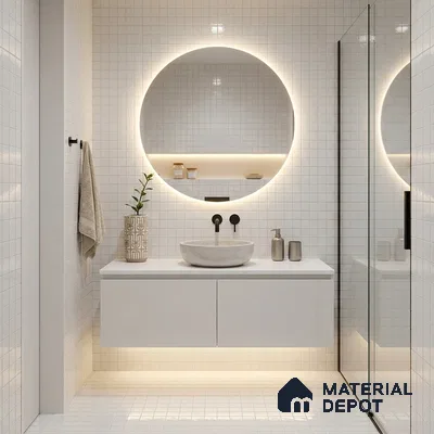Modern Bathroom with Frosty White Glass Mosaic Tile and Round Backlit Mirror
