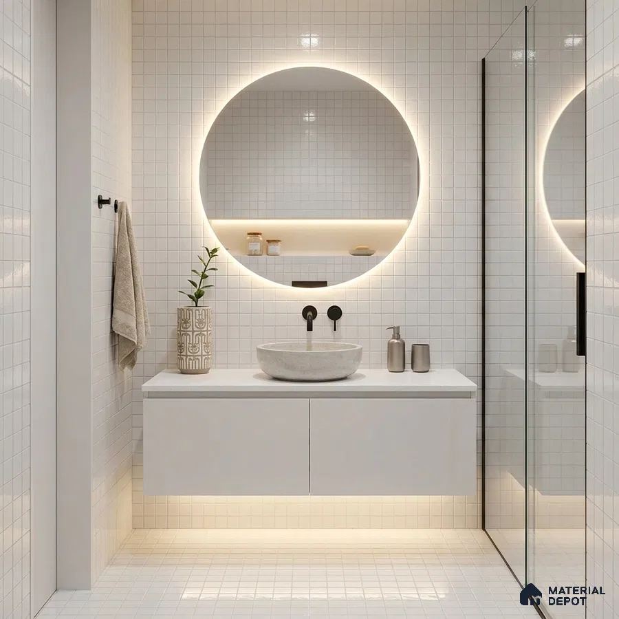 Modern Bathroom with Frosty White Glass Mosaic Tile and Round Backlit Mirror