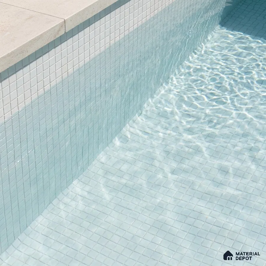 Modern Swimming Pool with Frosty White Glass Mosaic Tile and Stone Coping