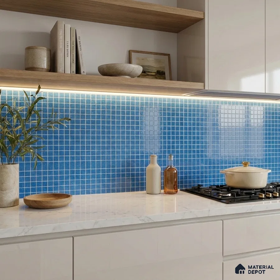 Modern Kitchen with Cobalt Blue Glass Mosaic Backsplash Tile
