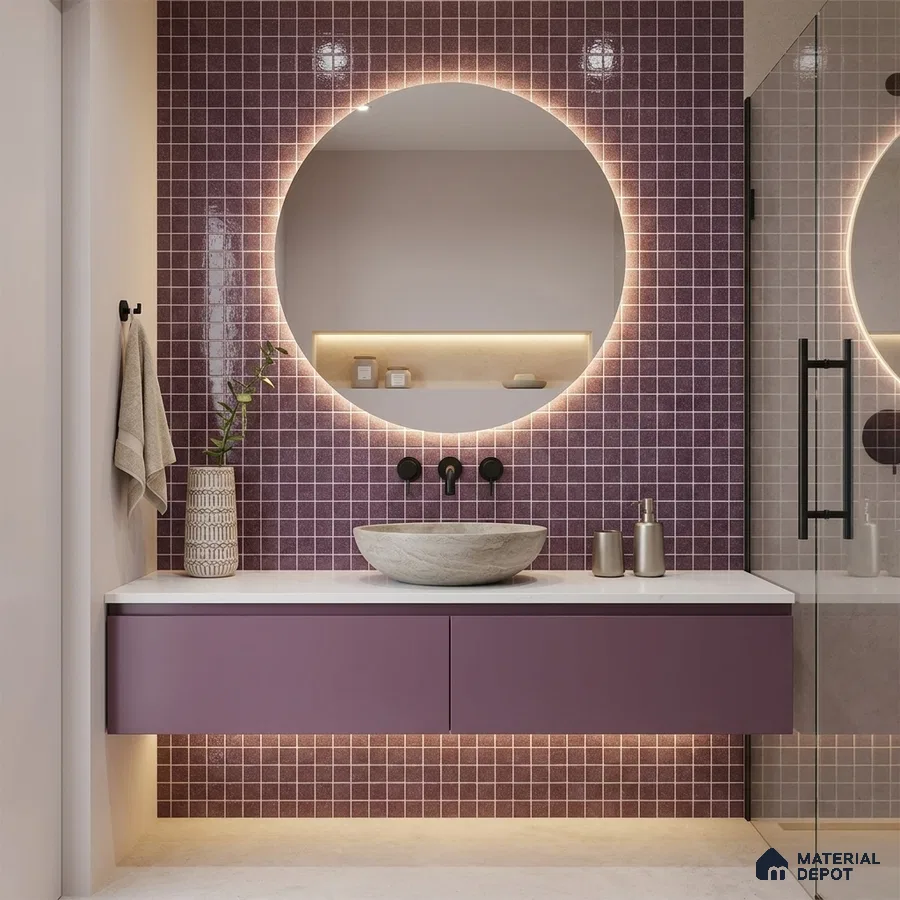 Modern Bathroom with Plum Purple Glass Mosaic Tile and Round Backlit Mirror