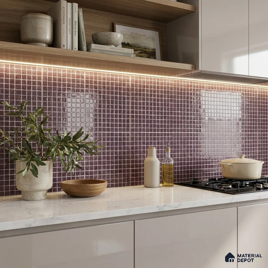 Modern Kitchen with Plum Purple Glass Mosaic Backsplash Tile