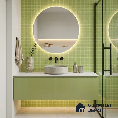 Modern Bathroom with Lime Green Glass Mosaic Tile and Sage Floating Vanity
