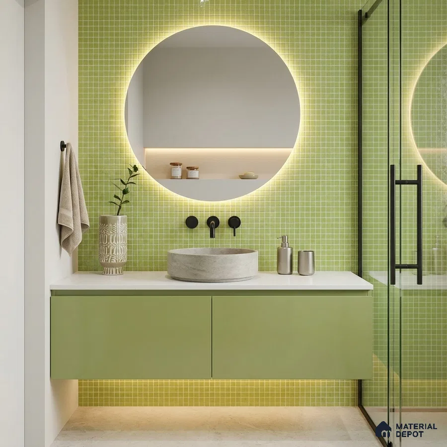 Modern Bathroom with Lime Green Glass Mosaic Tile and Sage Floating Vanity
