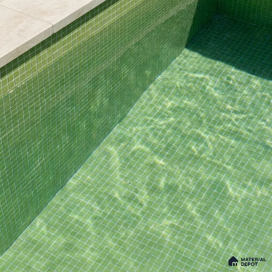 Modern Swimming Pool with Lime Green Glass Mosaic Tile and Stone Coping
