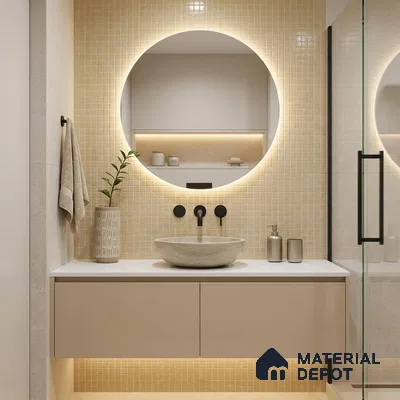 Modern Bathroom with Cream Glass Mosaic Tile and Beige Floating Vanity