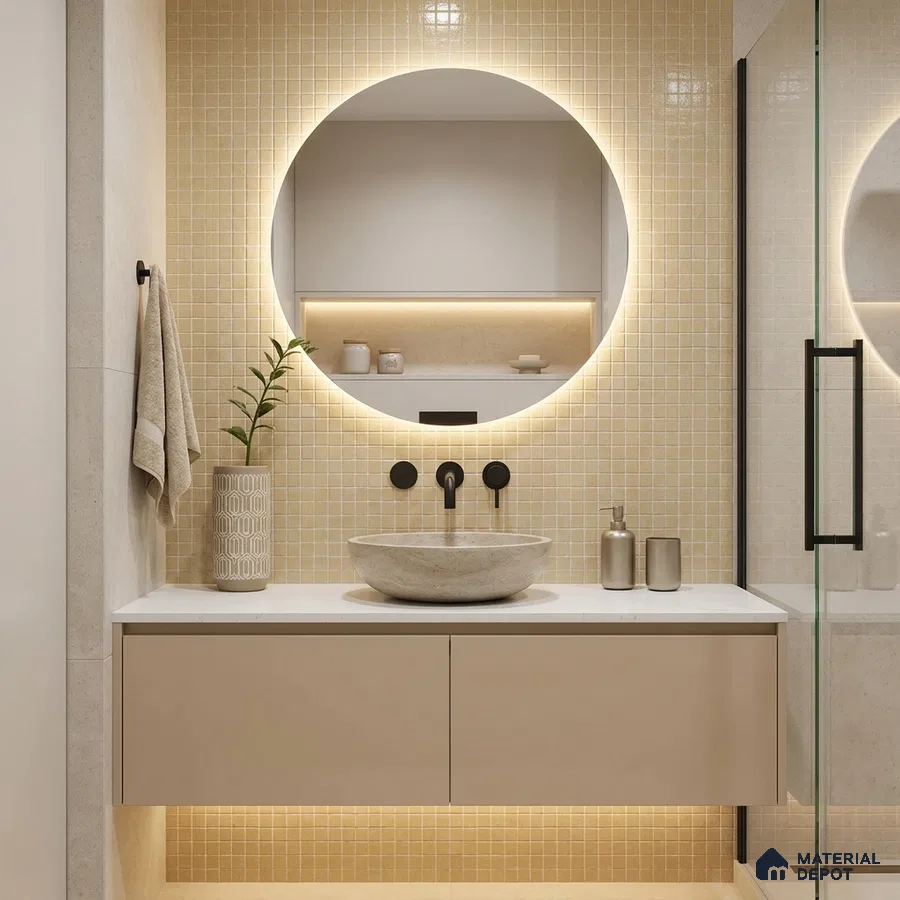 Modern Bathroom with Cream Glass Mosaic Tile and Beige Floating Vanity