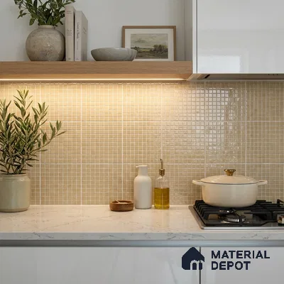 Modern Kitchen with Cream Glass Mosaic Backsplash Tile and Marble Countertop