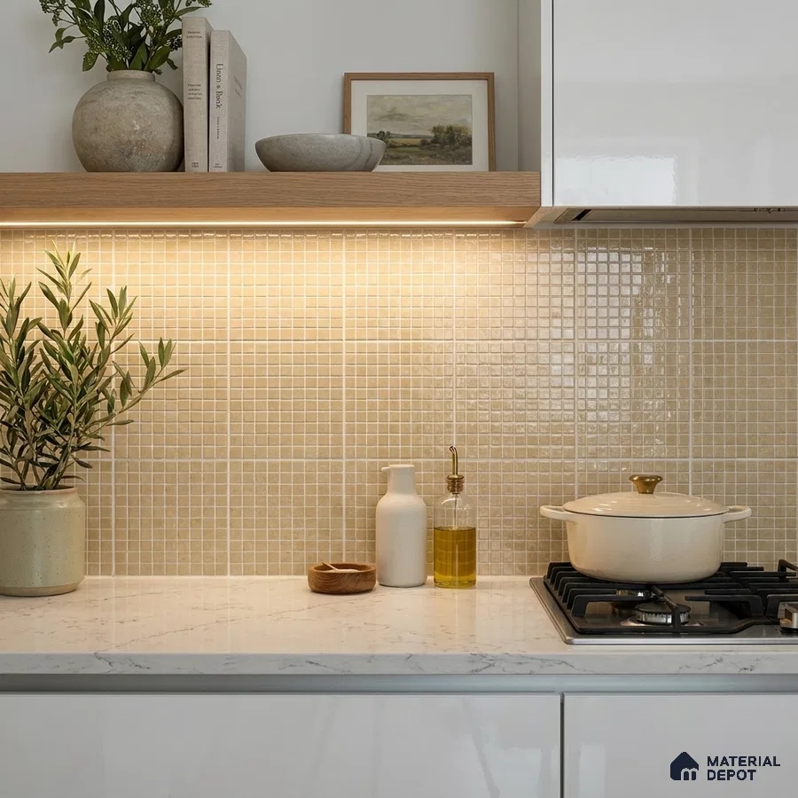 Modern Kitchen with Cream Glass Mosaic Backsplash Tile and Marble Countertop