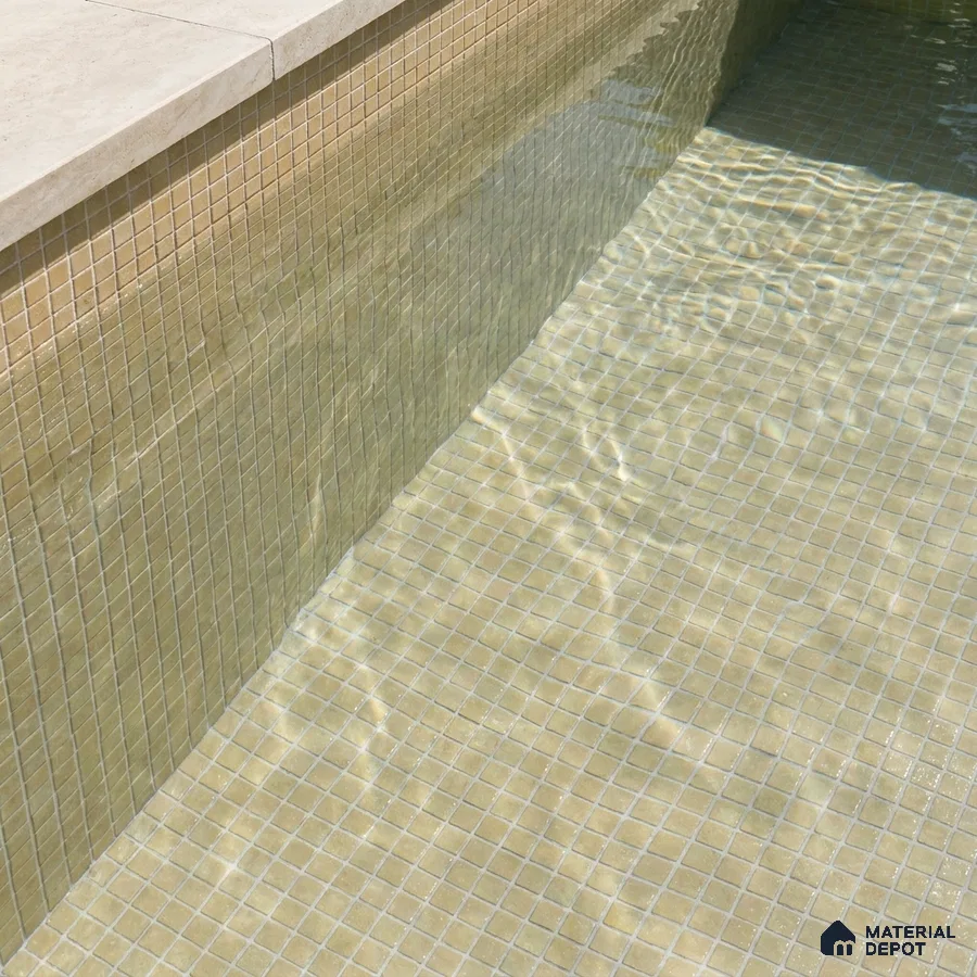 Modern Swimming Pool with Cream Glass Mosaic Tile and Stone Coping
