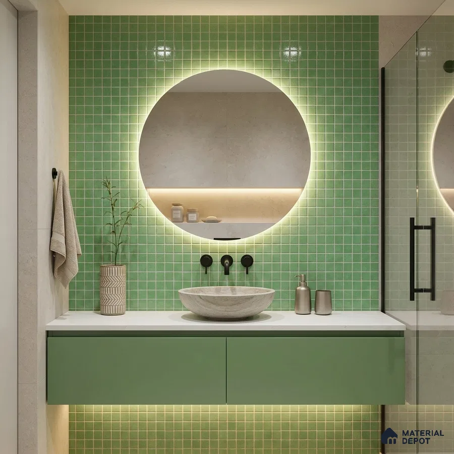 Modern Bathroom with Green Glass Mosaic Tile and Sage Floating Vanity