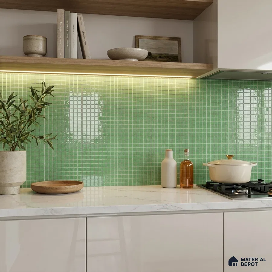 Modern Kitchen with Green Glass Mosaic Backsplash Tile and Marble Countertop