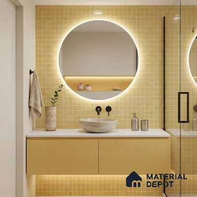 Modern Bathroom with Pale Yellow Glass Mosaic Tile and Mustard Floating Vanity