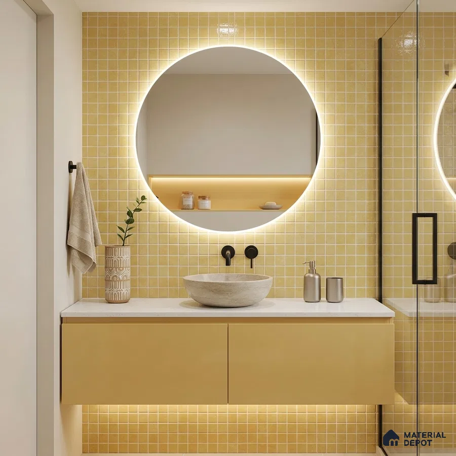 Modern Bathroom with Pale Yellow Glass Mosaic Tile and Mustard Floating Vanity