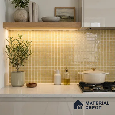 Modern Kitchen with Pale Yellow Glass Mosaic Backsplash Tile and Marble Countertop