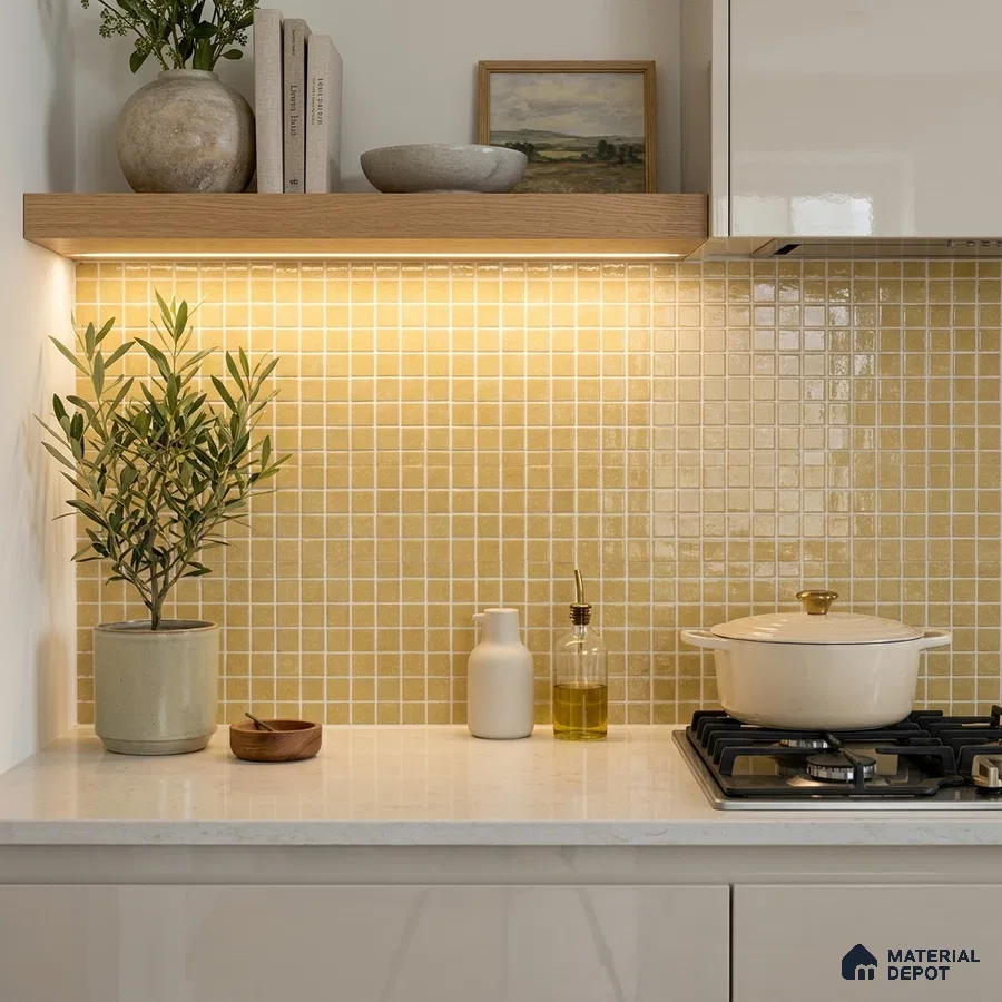 Modern Kitchen with Pale Yellow Glass Mosaic Backsplash Tile and Marble Countertop