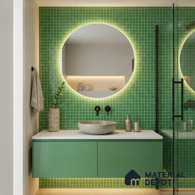 Modern Bathroom with Emerald Green Glass Mosaic Tile and Green Floating Vanity