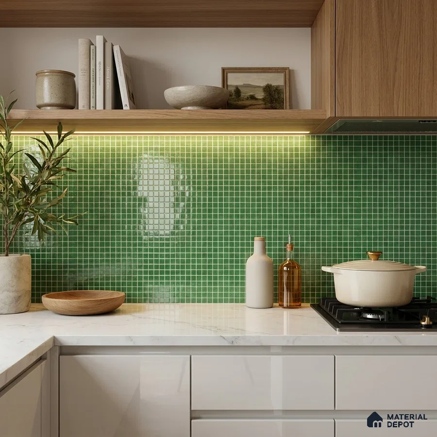 Modern Kitchen with Emerald Green Glass Mosaic Backsplash Tile and Marble Countertop