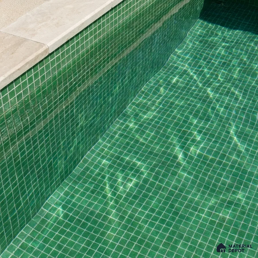 Modern Swimming Pool with Emerald Green Glass Mosaic Tile and Stone Coping