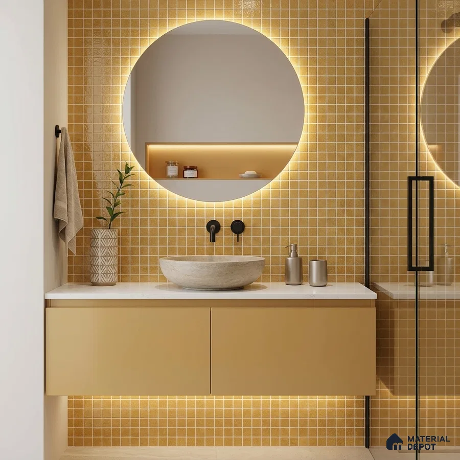 Modern Bathroom with Golden Amber Glass Mosaic Tile and Ochre Floating Vanity