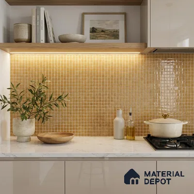 Modern Kitchen with Golden Amber Glass Mosaic Backsplash Tile and Marble Countertop