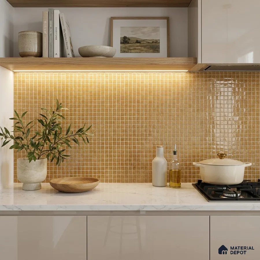 Modern Kitchen with Golden Amber Glass Mosaic Backsplash Tile and Marble Countertop