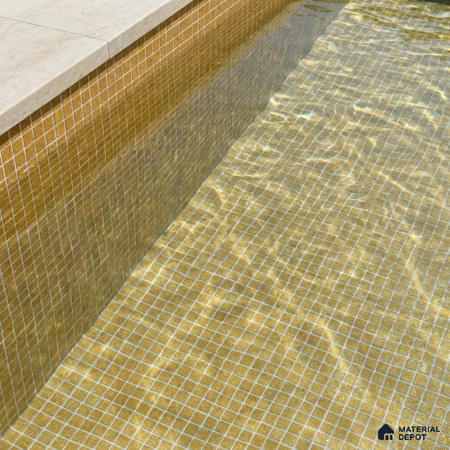 Modern Swimming Pool with Golden Amber Glass Mosaic Tile and Stone Coping