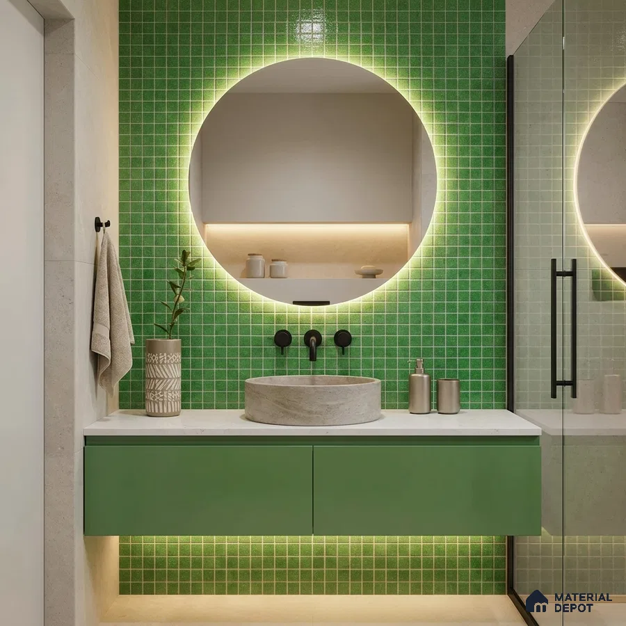 Modern Bathroom with Green Glass Mosaic Tile and Olive Floating Vanity