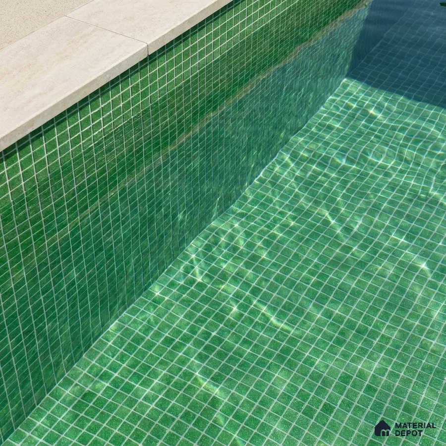 Modern Swimming Pool with Green Glass Mosaic Tile and Stone Coping
