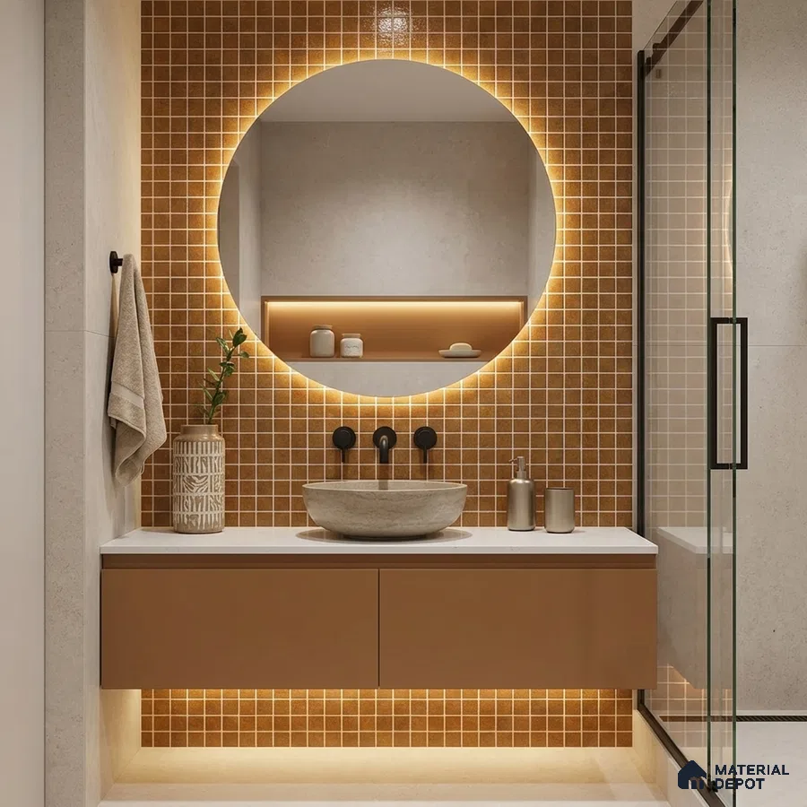 Modern Bathroom with Caramel Brown Glass Mosaic Tile and Tan Floating Vanity