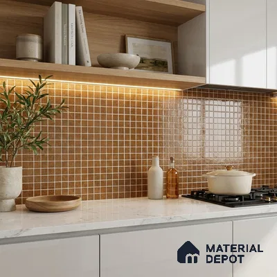 Modern Kitchen with Amber Brown Glass Mosaic Backsplash Tile and White Cabinets