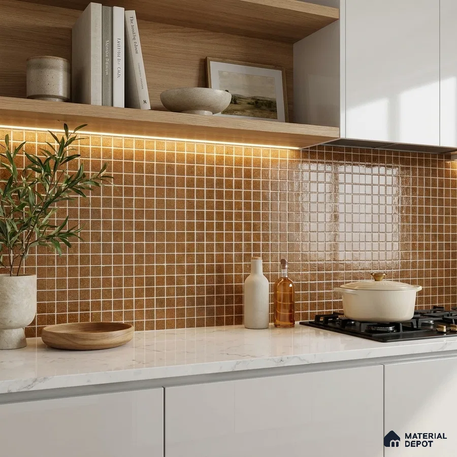 Modern Kitchen with Amber Brown Glass Mosaic Backsplash Tile and White Cabinets