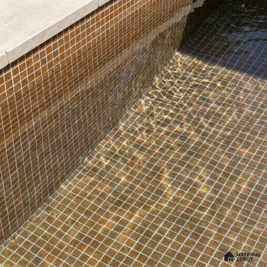 Modern Swimming Pool with Amber Brown Glass Mosaic Tile and Stone Coping