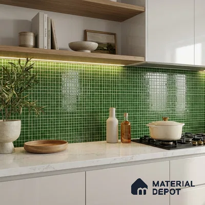 Modern Kitchen with Green Glass Mosaic Backsplash Tile and White Cabinets