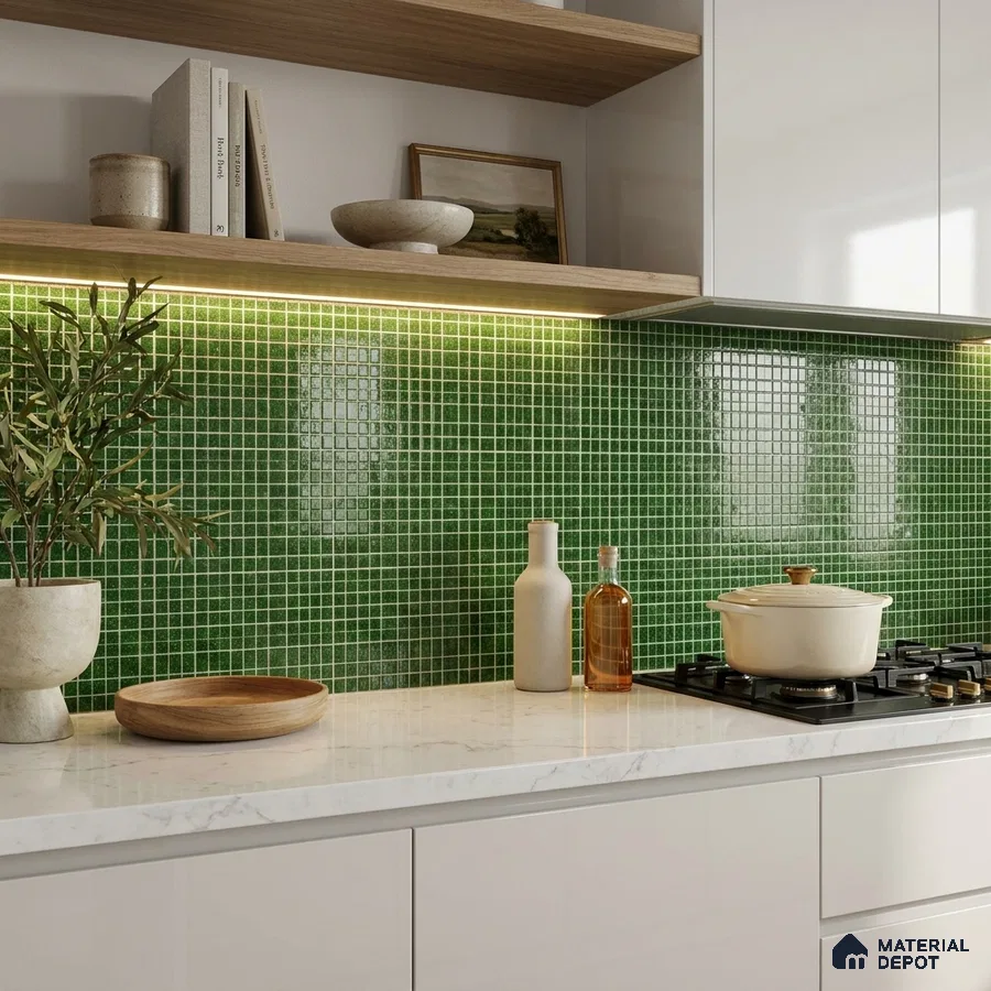 Modern Kitchen with Green Glass Mosaic Backsplash Tile and White Cabinets