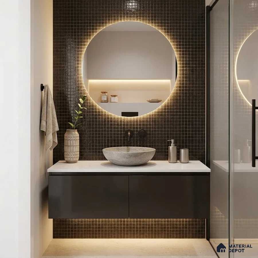 Modern Bathroom with Dark Bronze Glass Mosaic Wall Tile and Floating Vanity