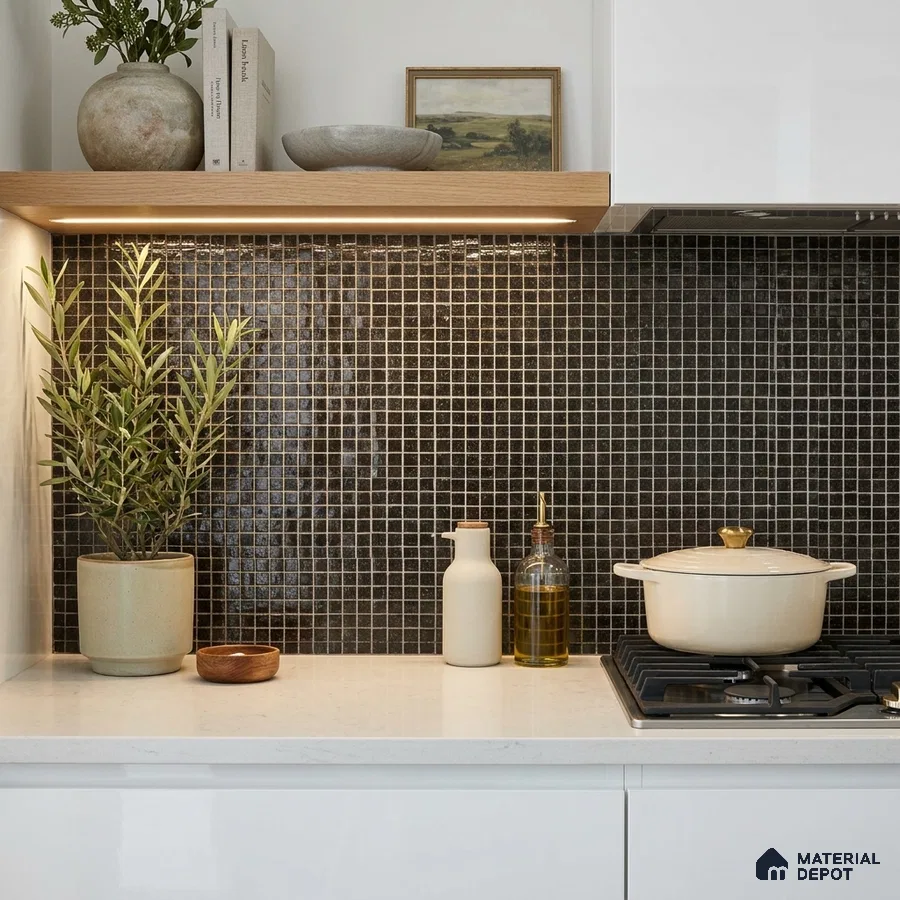 Modern Kitchen with Dark Bronze Glass Mosaic Backsplash Tile and White Cabinets